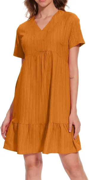 Womens V Neck Pleated Swing Dress 2025 Summer Short Sleeve Loose Casual Dresses Flowy Babydoll Short Beach Sundresses