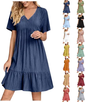 Womens V Neck Pleated Swing Dress 2025 Summer Short Sleeve Loose Casual Dresses Flowy Babydoll Short Beach Sundresses