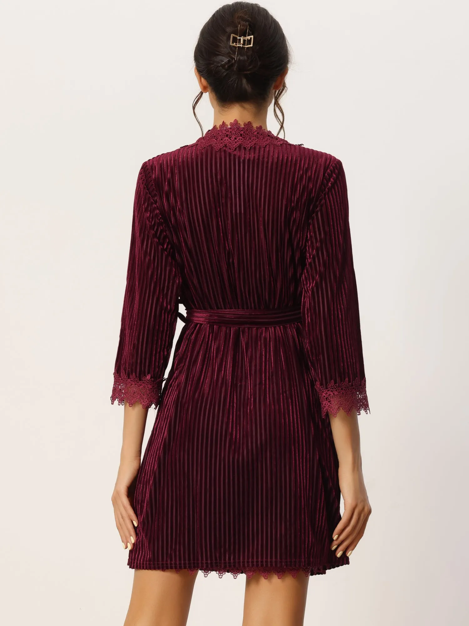 Womens Velvet Pajamas Lace Long Sleeve Robe Two Piece Suit Loungewear Nightgowns