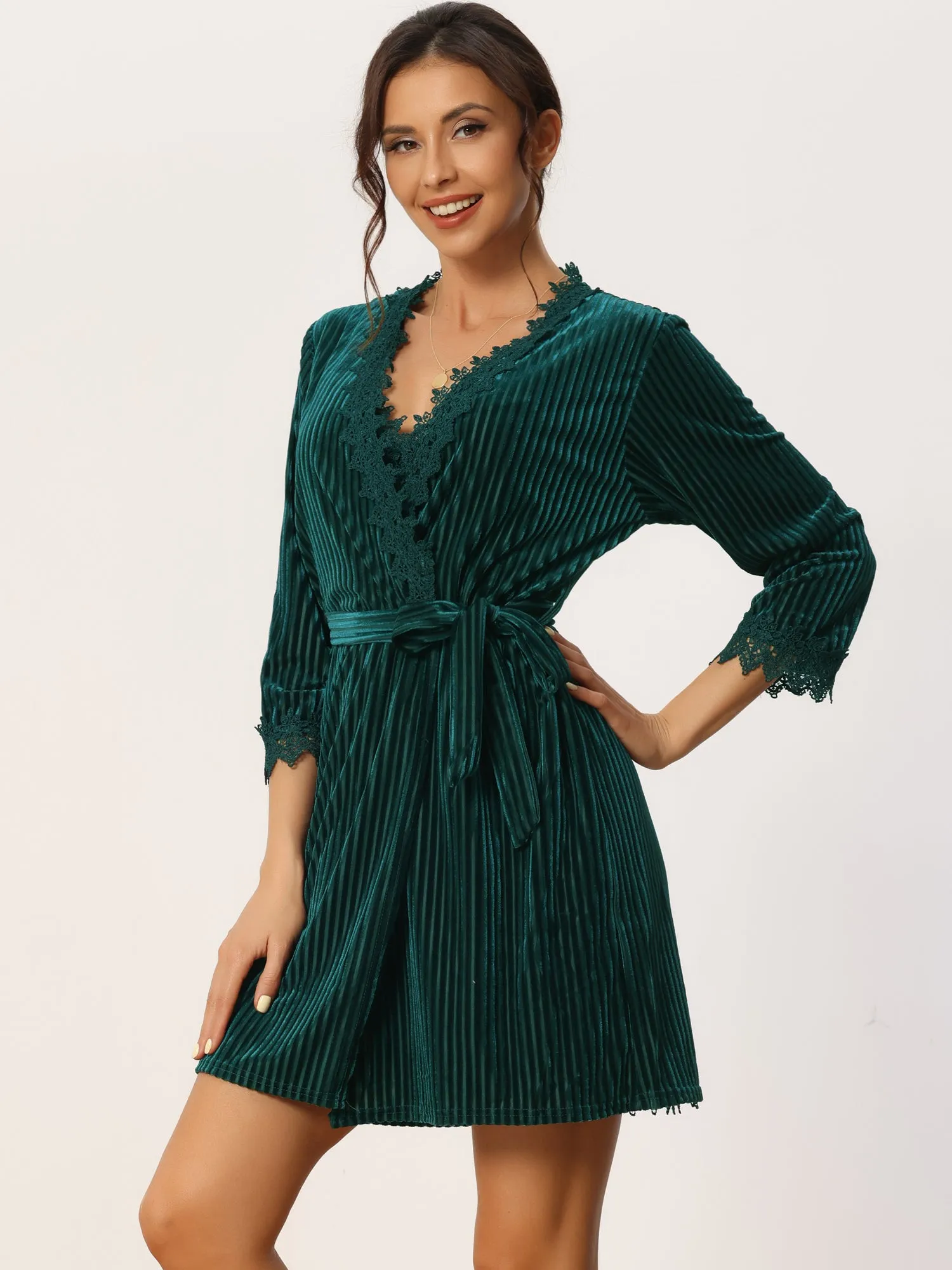 Womens Velvet Pajamas Lace Long Sleeve Robe Two Piece Suit Loungewear Nightgowns