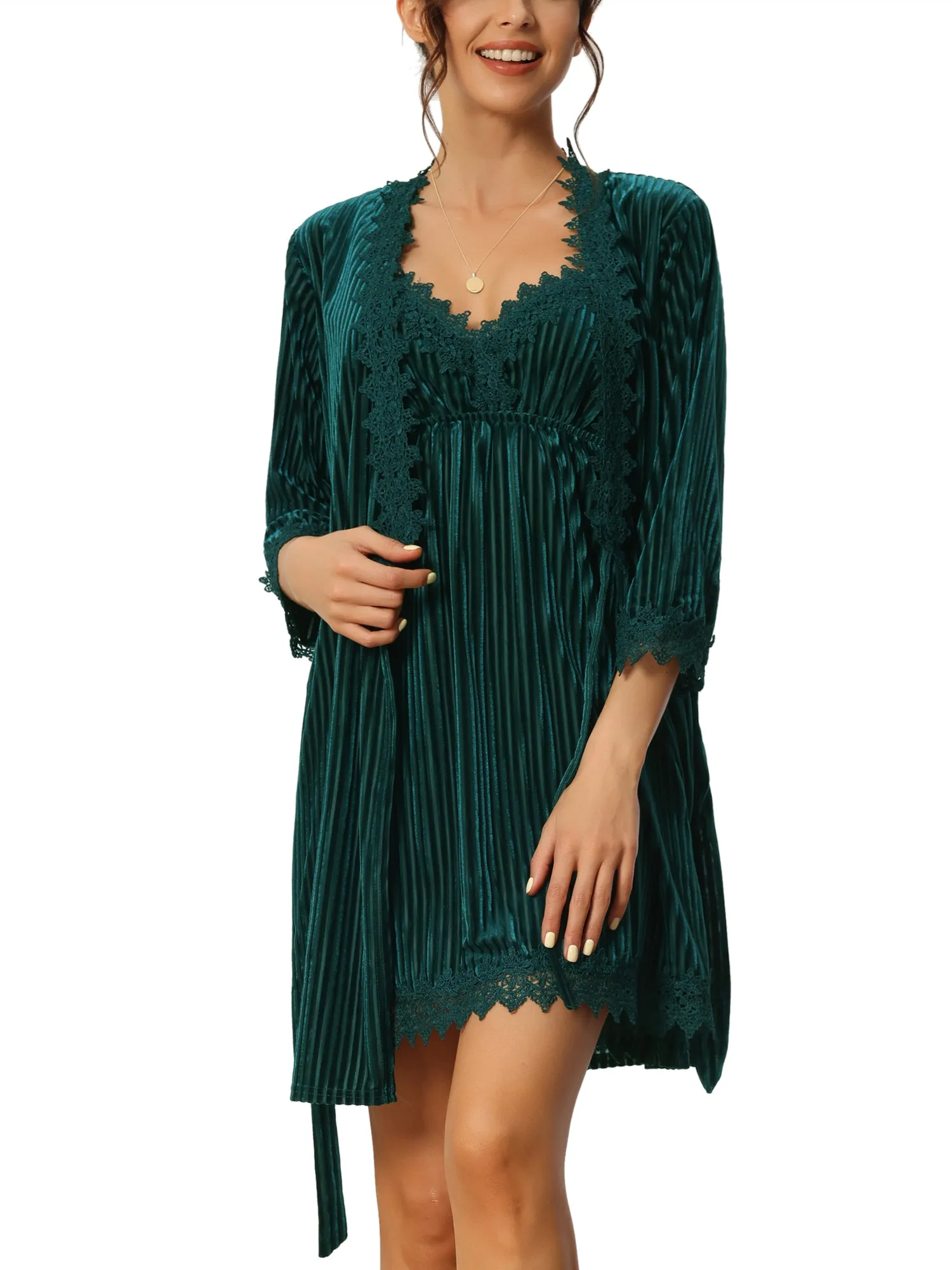 Womens Velvet Pajamas Lace Long Sleeve Robe Two Piece Suit Loungewear Nightgowns