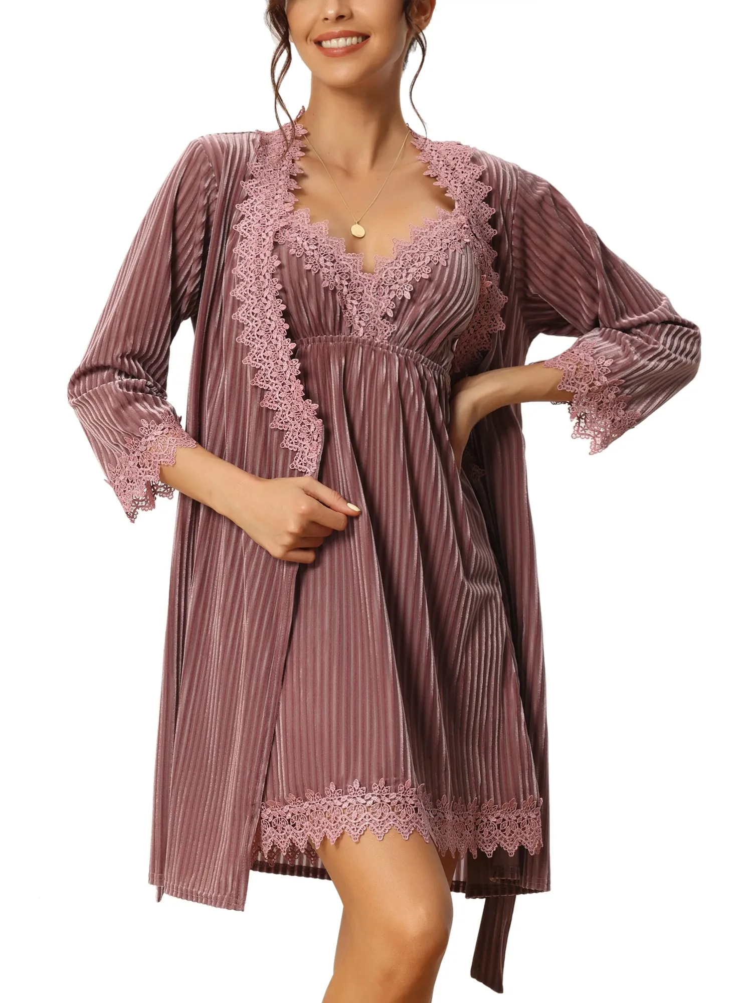 Womens Velvet Pajamas Lace Long Sleeve Robe Two Piece Suit Loungewear Nightgowns