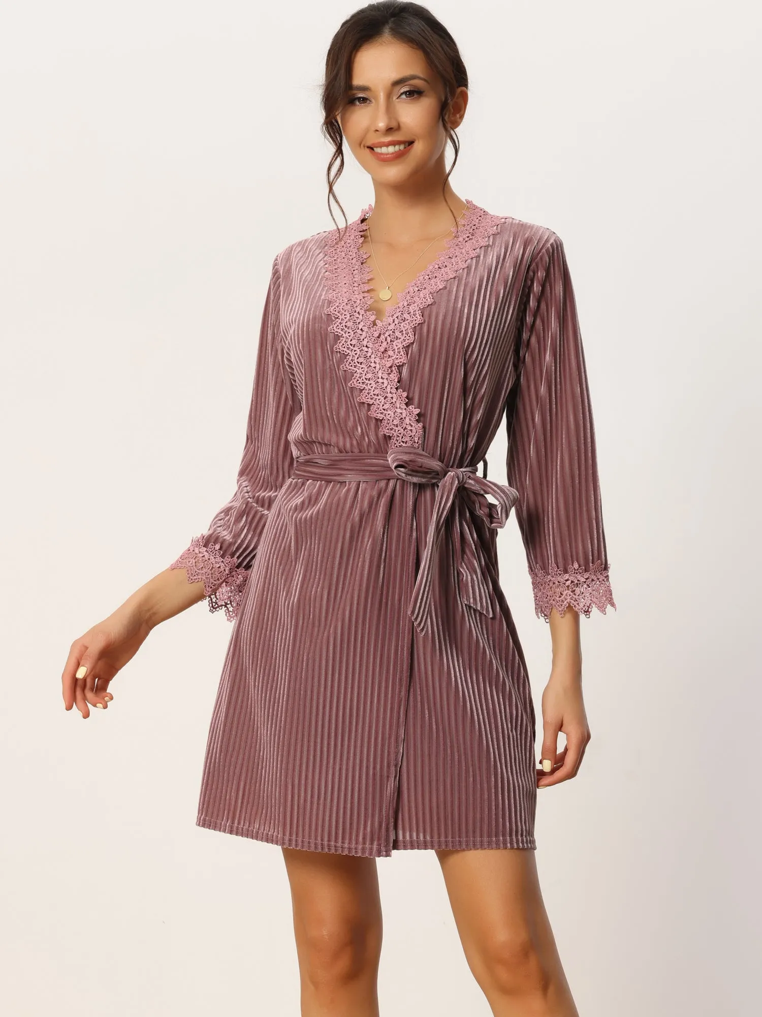 Womens Velvet Pajamas Lace Long Sleeve Robe Two Piece Suit Loungewear Nightgowns
