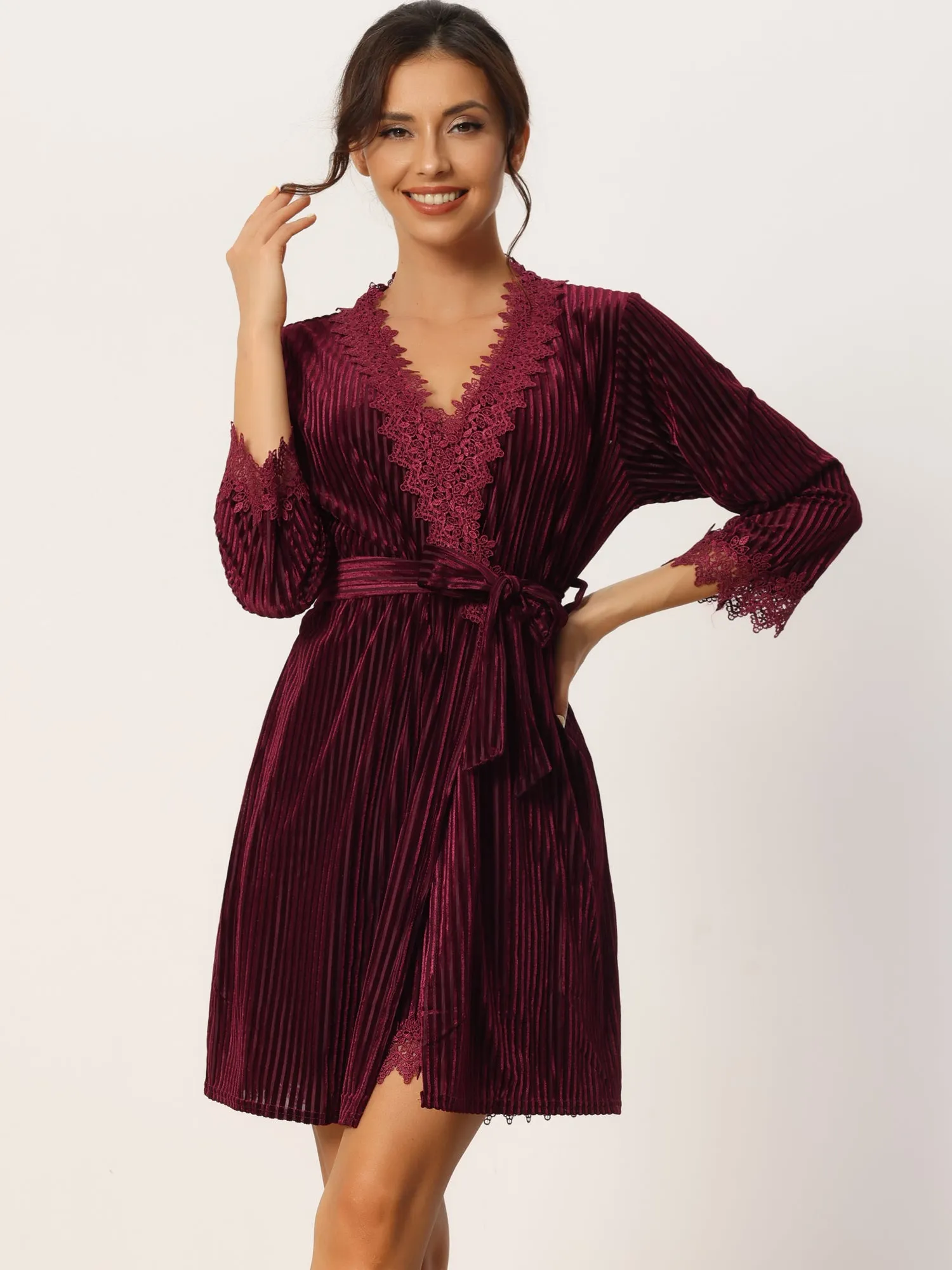 Womens Velvet Pajamas Lace Long Sleeve Robe Two Piece Suit Loungewear Nightgowns
