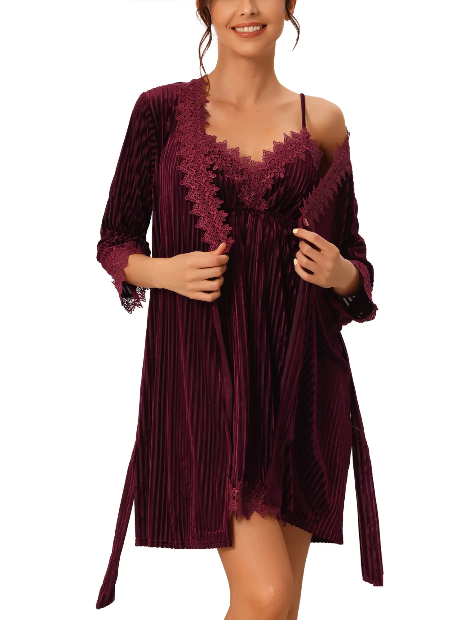 Womens Velvet Pajamas Lace Long Sleeve Robe Two Piece Suit Loungewear Nightgowns