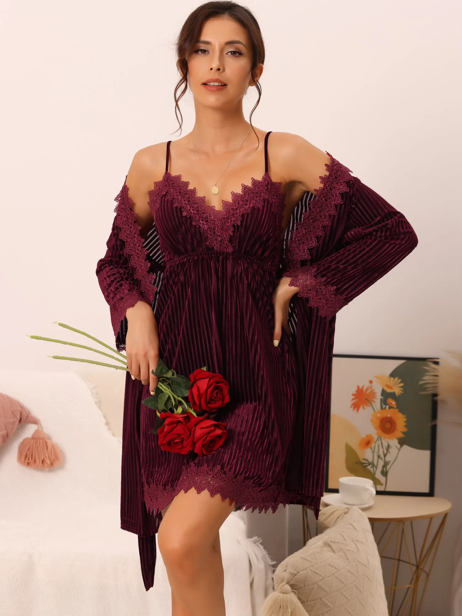 Womens Velvet Pajamas Lace Long Sleeve Robe Two Piece Suit Loungewear Nightgowns