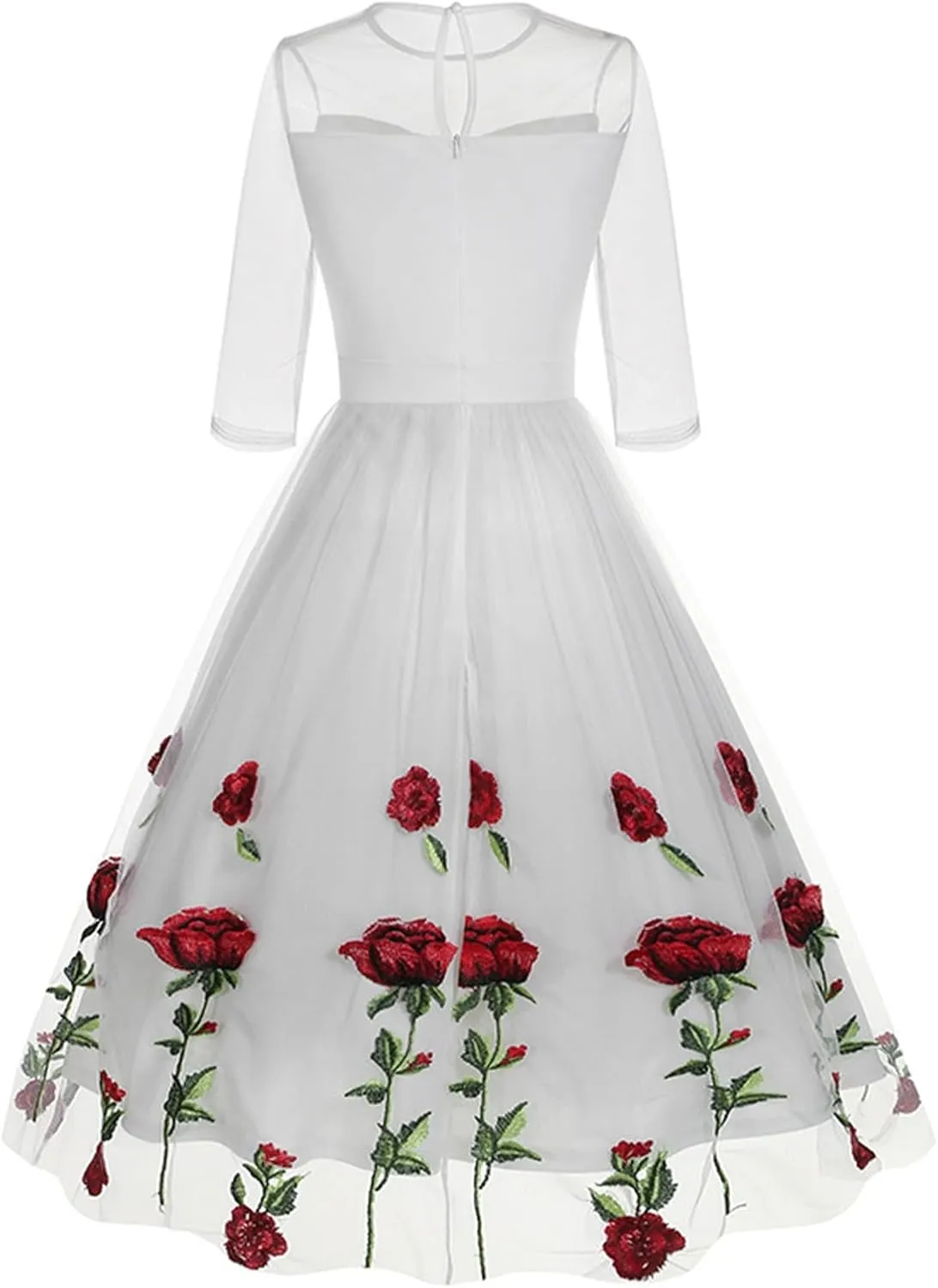 Womens Vintage Floral Tulle Dresses Sheer Mesh Crewneck Half Sleeve Homecoming Cocktail Party A line Swing Dresses