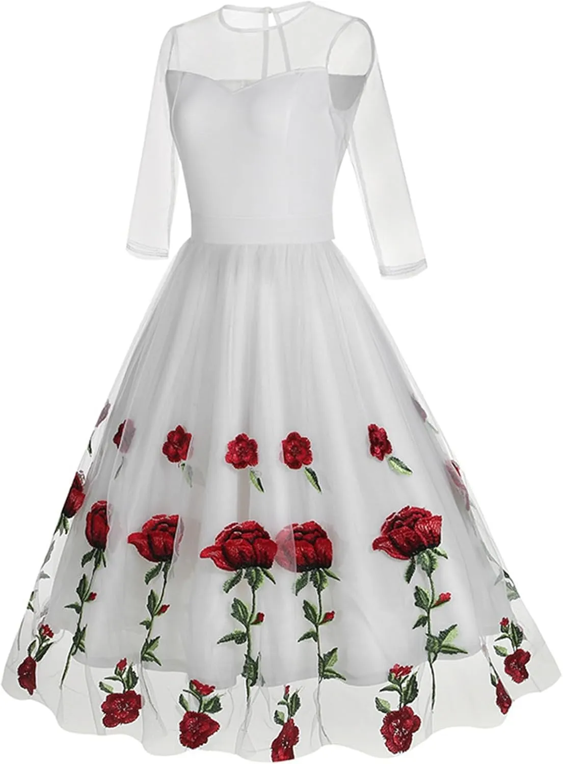 Womens Vintage Floral Tulle Dresses Sheer Mesh Crewneck Half Sleeve Homecoming Cocktail Party A line Swing Dresses