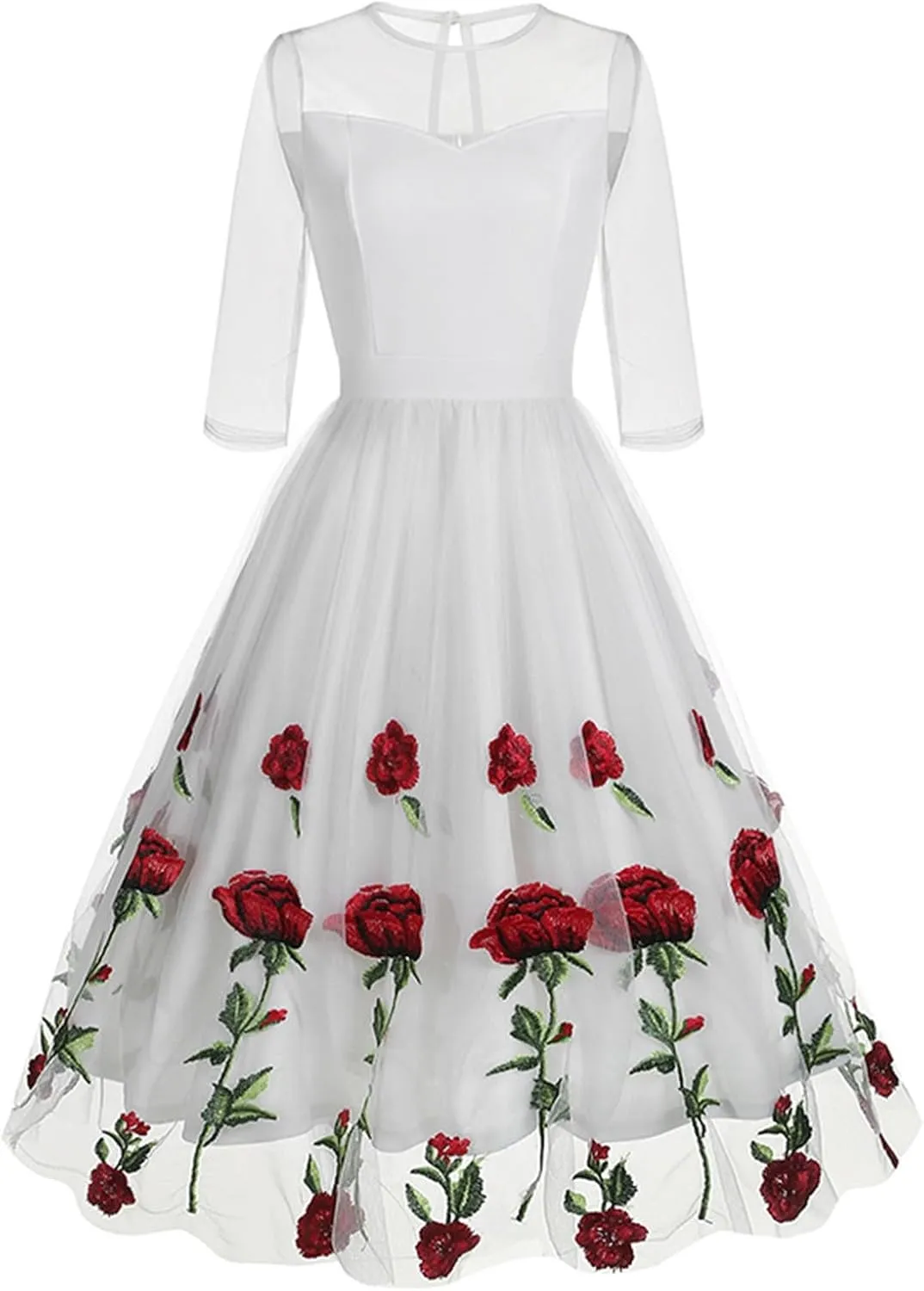 Womens Vintage Floral Tulle Dresses Sheer Mesh Crewneck Half Sleeve Homecoming Cocktail Party A line Swing Dresses