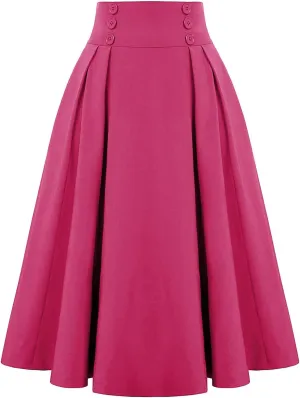 Women's Vintage High Waisted Skirts Casual Button Deco Midi A-Line Skirt Elastic Waist Flowy Skirts with Pockets