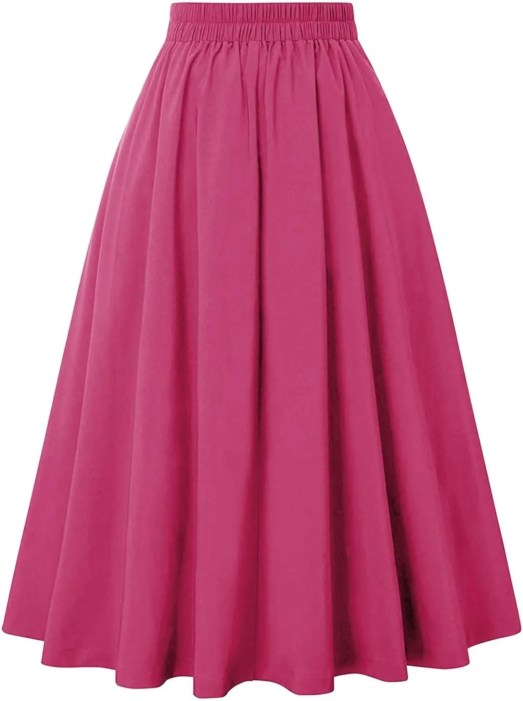 Women's Vintage High Waisted Skirts Casual Button Deco Midi A-Line Skirt Elastic Waist Flowy Skirts with Pockets