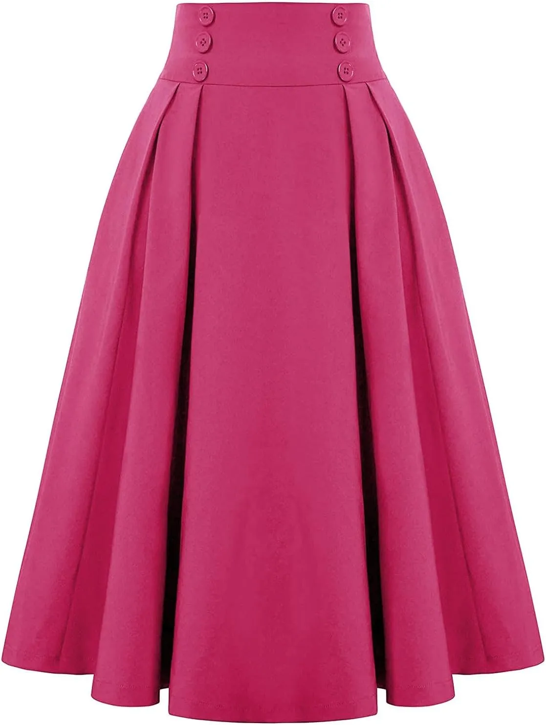 Women's Vintage High Waisted Skirts Casual Button Deco Midi A-Line Skirt Elastic Waist Flowy Skirts with Pockets
