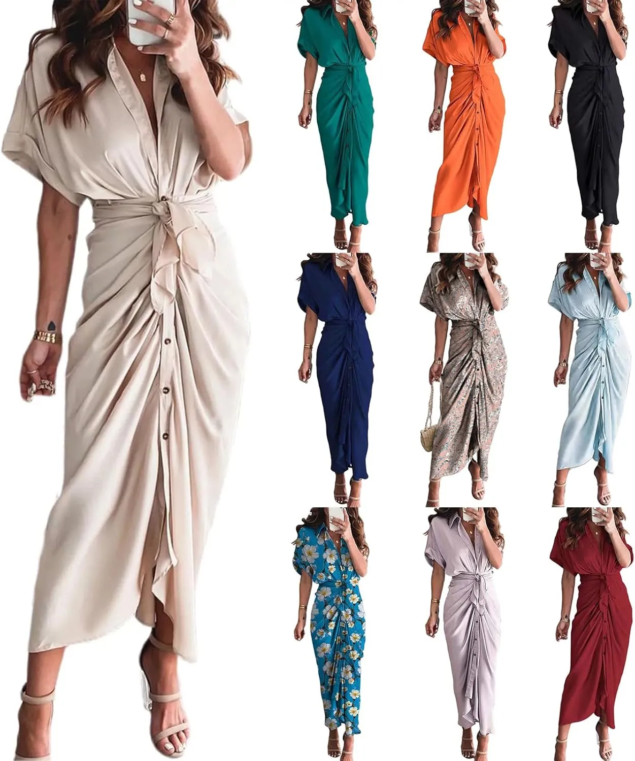 Womens Vintage V-Neck Dress Short Sleeve Elegant Ruched Long Wrap Dress A-Line Flowy Maxi Skirt