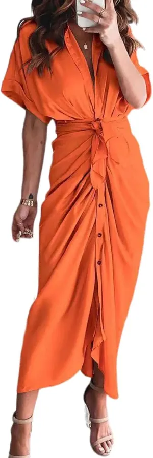 Womens Vintage V-Neck Dress Short Sleeve Elegant Ruched Long Wrap Dress A-Line Flowy Maxi Skirt