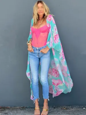 Women's Watercolor Floral Kimono Cover Up