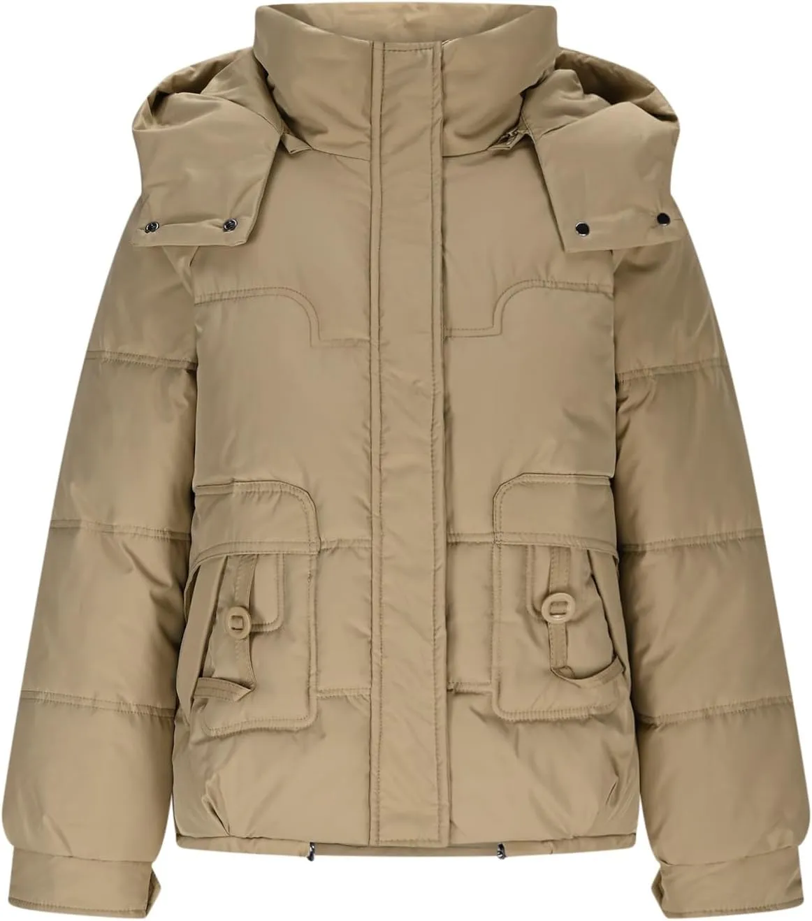 Womens Winter Jacket Fashion Warm Puffer Jackets Full-Zip Stand Collar Quilted Coats Down Outerwear with Removable Hood