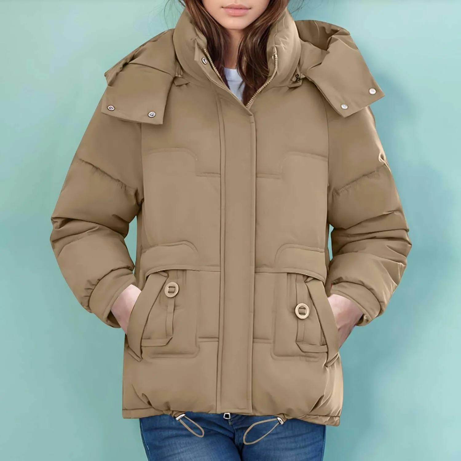 Womens Winter Jacket Fashion Warm Puffer Jackets Full-Zip Stand Collar Quilted Coats Down Outerwear with Removable Hood
