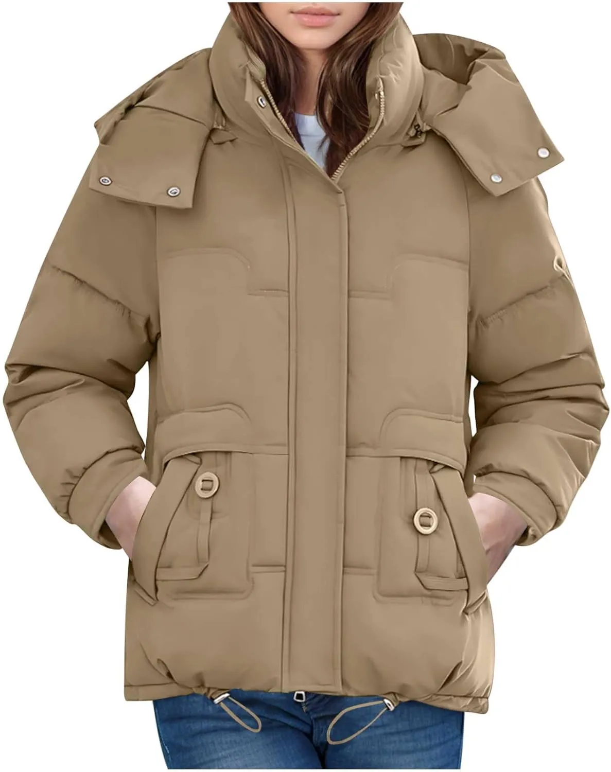 Womens Winter Jacket Fashion Warm Puffer Jackets Full-Zip Stand Collar Quilted Coats Down Outerwear with Removable Hood
