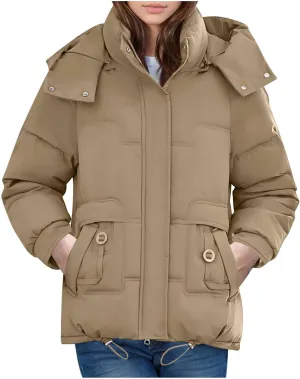 Womens Winter Jacket Fashion Warm Puffer Jackets Full-Zip Stand Collar Quilted Coats Down Outerwear with Removable Hood