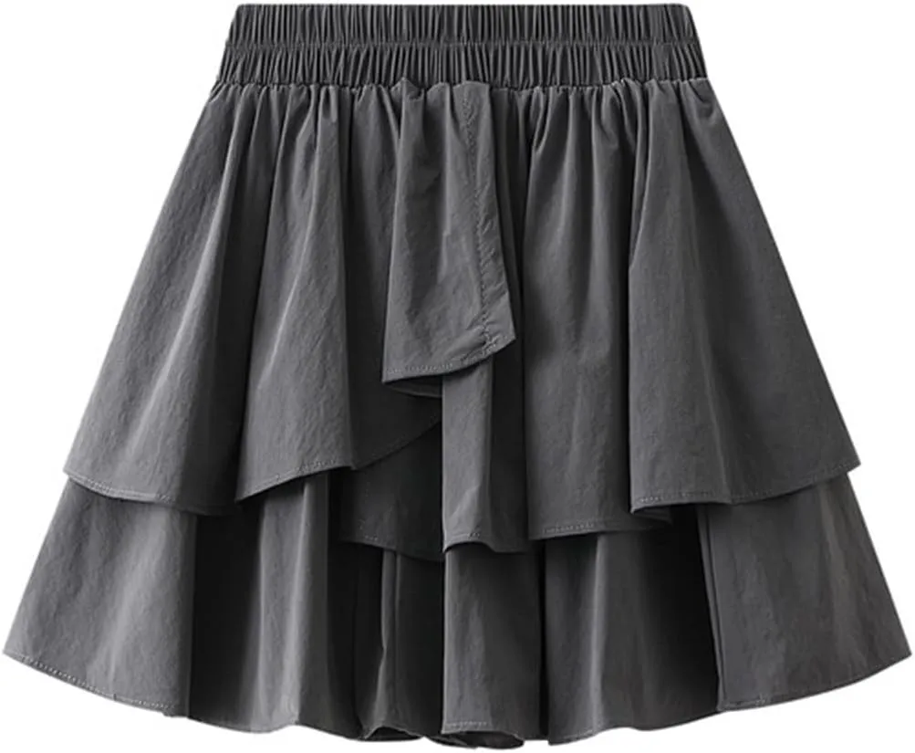 Xiaojmake Women's High Waist Ruffle Hem Flowy Mini Skirts Stretchy Cute Lined Layered Pleated Casual Beach Mini Short Skirt