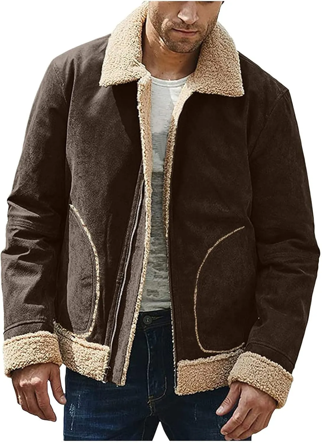 XIAXOGOOL Jackets For Men,Men's Shearling Coat Faux Suede Sherpa Lined Winter Thicken Warm Jacket With Pockets