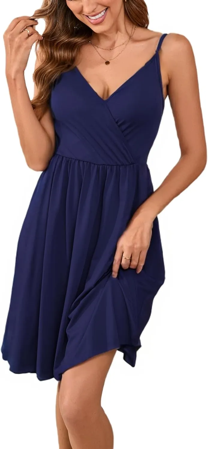 Yajedo Womens Summer Casual Sundress Spaghetti Strap Sleeveless Ruched Beach A Line Midi Dress