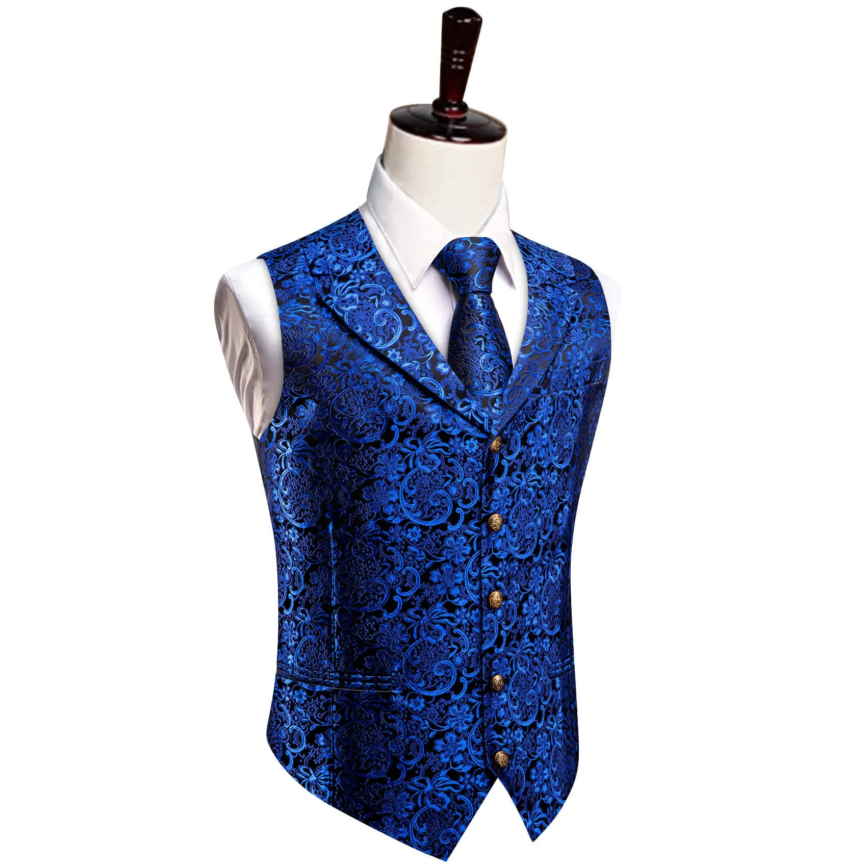 YourTies Blue Floral Silk Mens Vest Necktie Handkerchief Cufflinks Set