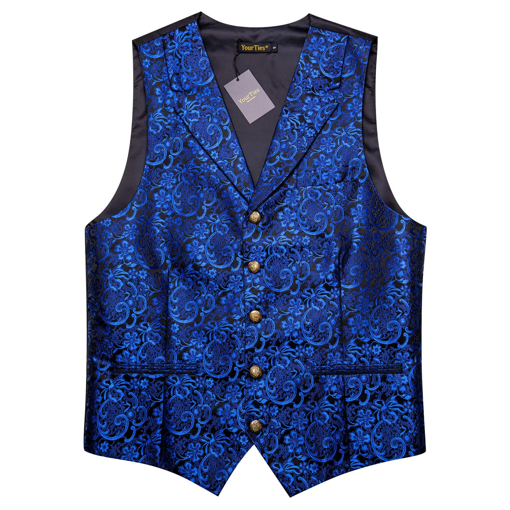 YourTies Blue Floral Silk Mens Vest Necktie Handkerchief Cufflinks Set