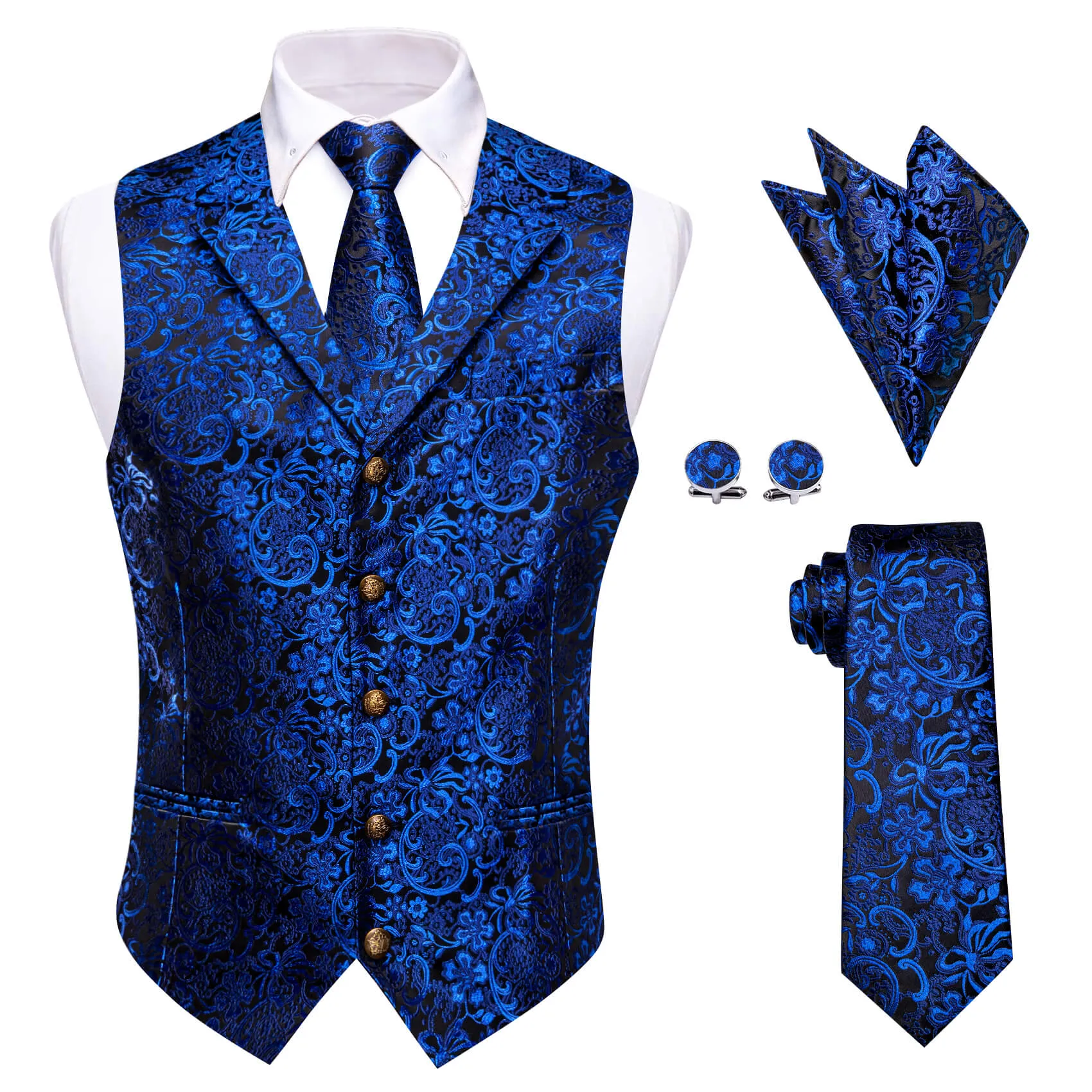 YourTies Blue Floral Silk Mens Vest Necktie Handkerchief Cufflinks Set