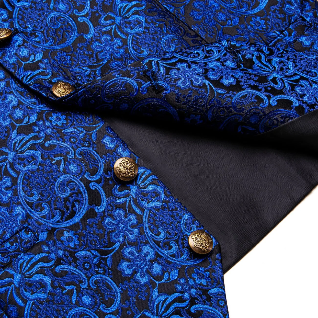 YourTies Blue Floral Silk Mens Vest Necktie Handkerchief Cufflinks Set