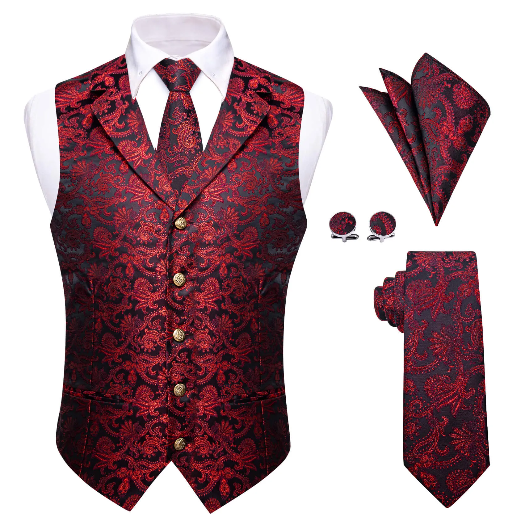 YourTies Floral Waistcoat Black Red Floral Silk Men's Vest Necktie Set