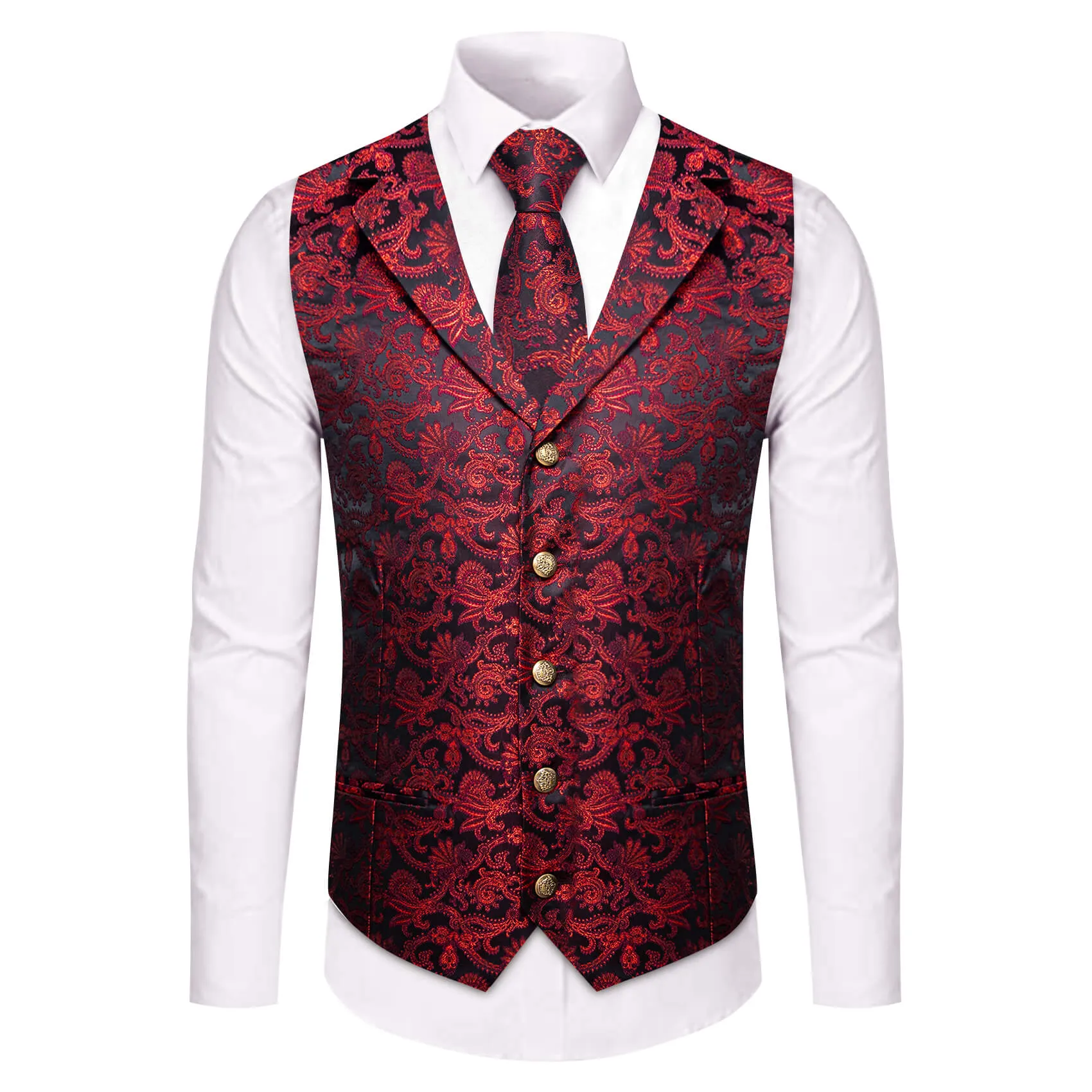 YourTies Floral Waistcoat Black Red Floral Silk Men's Vest Necktie Set