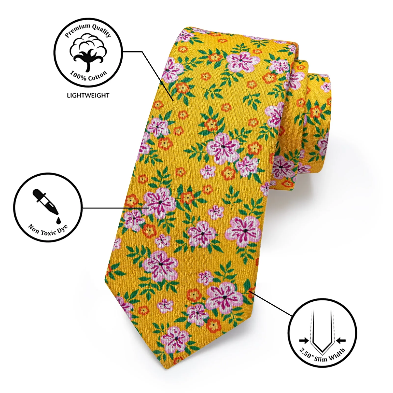 YourTies Noble Yellow Floral Printed Skinny Tie Set with Men Tie Bar