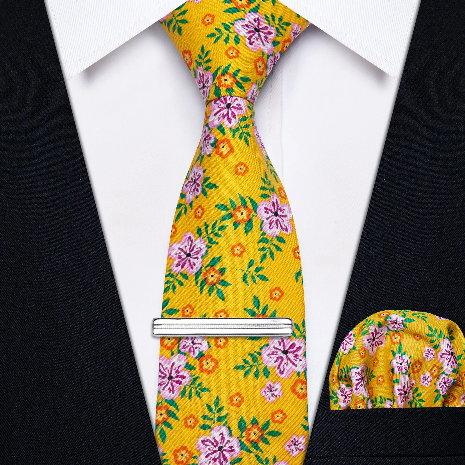 YourTies Noble Yellow Floral Printed Skinny Tie Set with Men Tie Bar