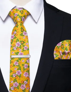 YourTies Noble Yellow Floral Printed Skinny Tie Set with Men Tie Bar