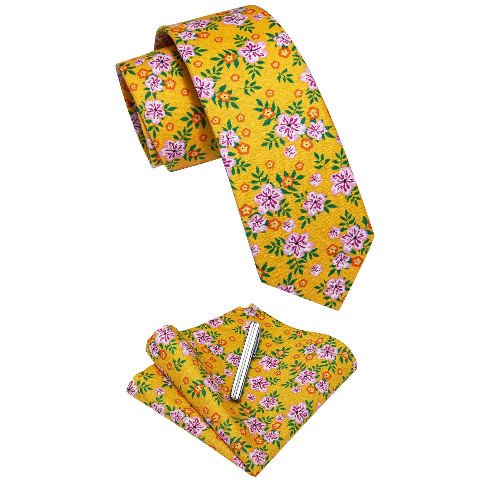 YourTies Noble Yellow Floral Printed Skinny Tie Set with Men Tie Bar