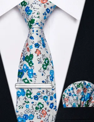 YourTies White Tie Blue Floral Printed Skinny Tie Set with Tie Clip