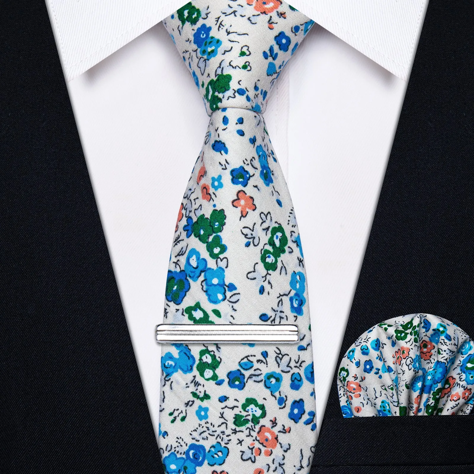 YourTies White Tie Blue Floral Printed Skinny Tie Set with Tie Clip