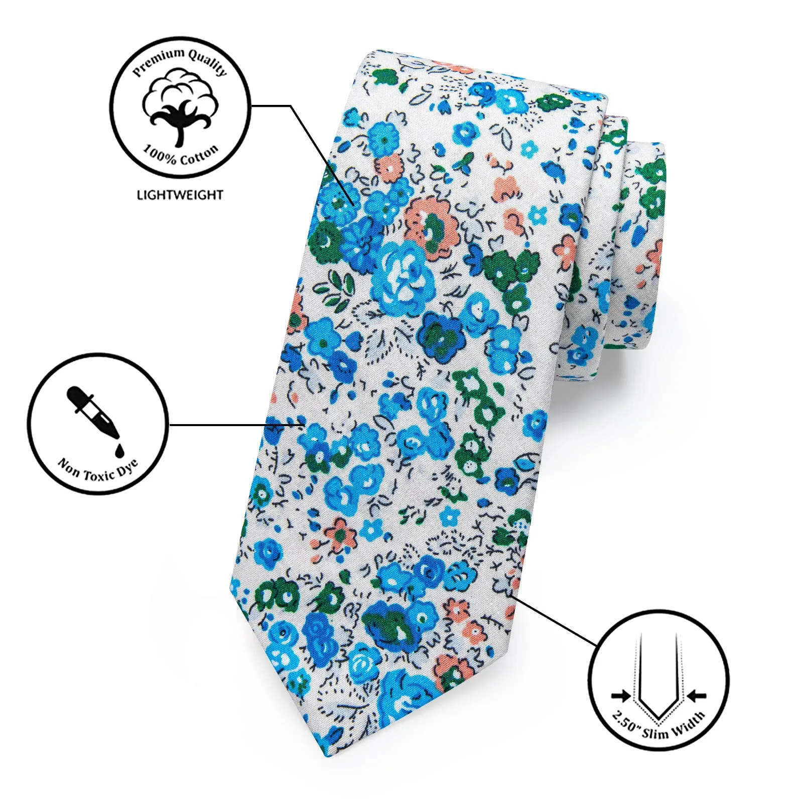 YourTies White Tie Blue Floral Printed Skinny Tie Set with Tie Clip