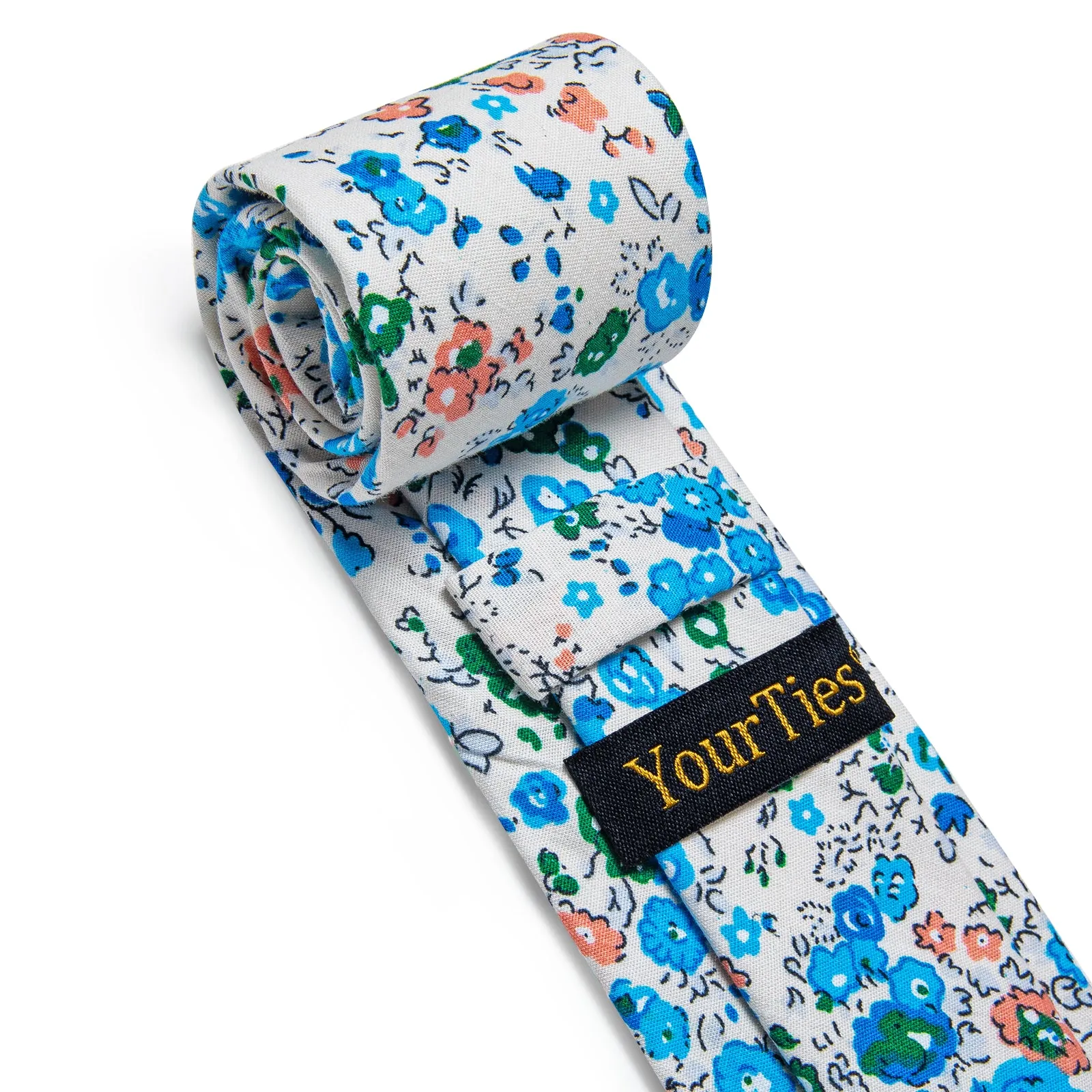 YourTies White Tie Blue Floral Printed Skinny Tie Set with Tie Clip