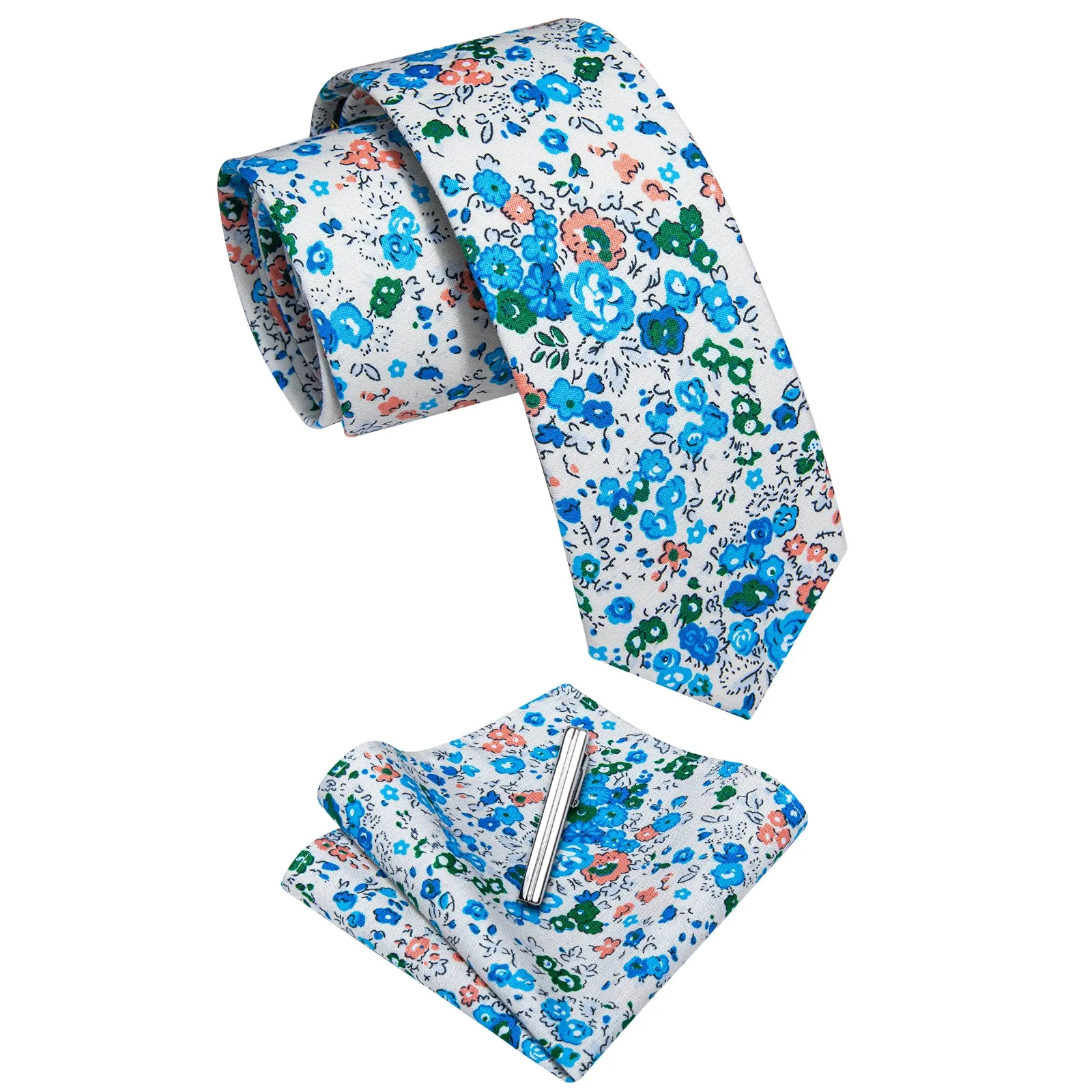 YourTies White Tie Blue Floral Printed Skinny Tie Set with Tie Clip