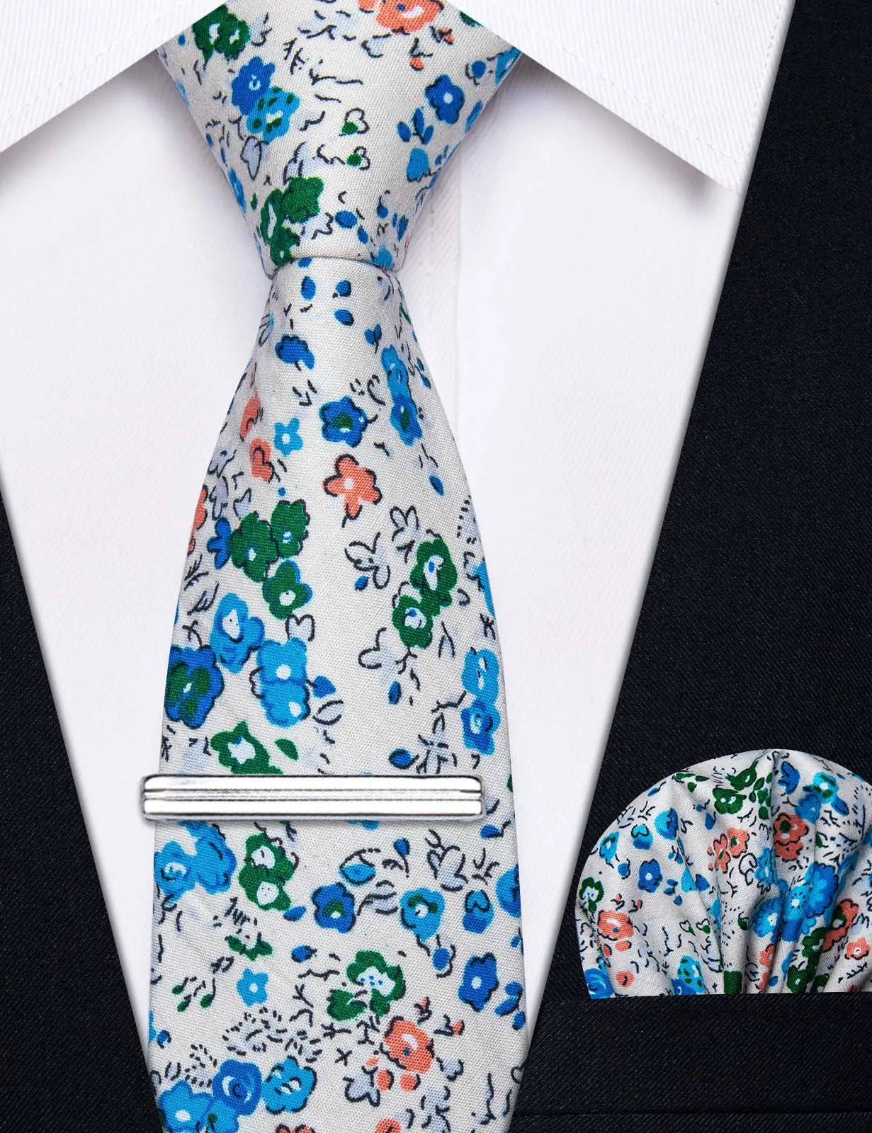 YourTies White Tie Blue Floral Printed Skinny Tie Set with Tie Clip