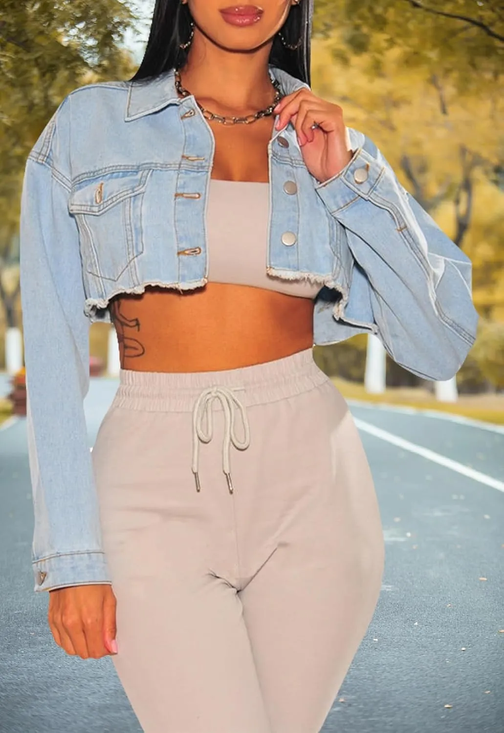 YouSexy Cropped Denim Jackets for Women Long Sleeve Destroyed Wash Jean Jackets