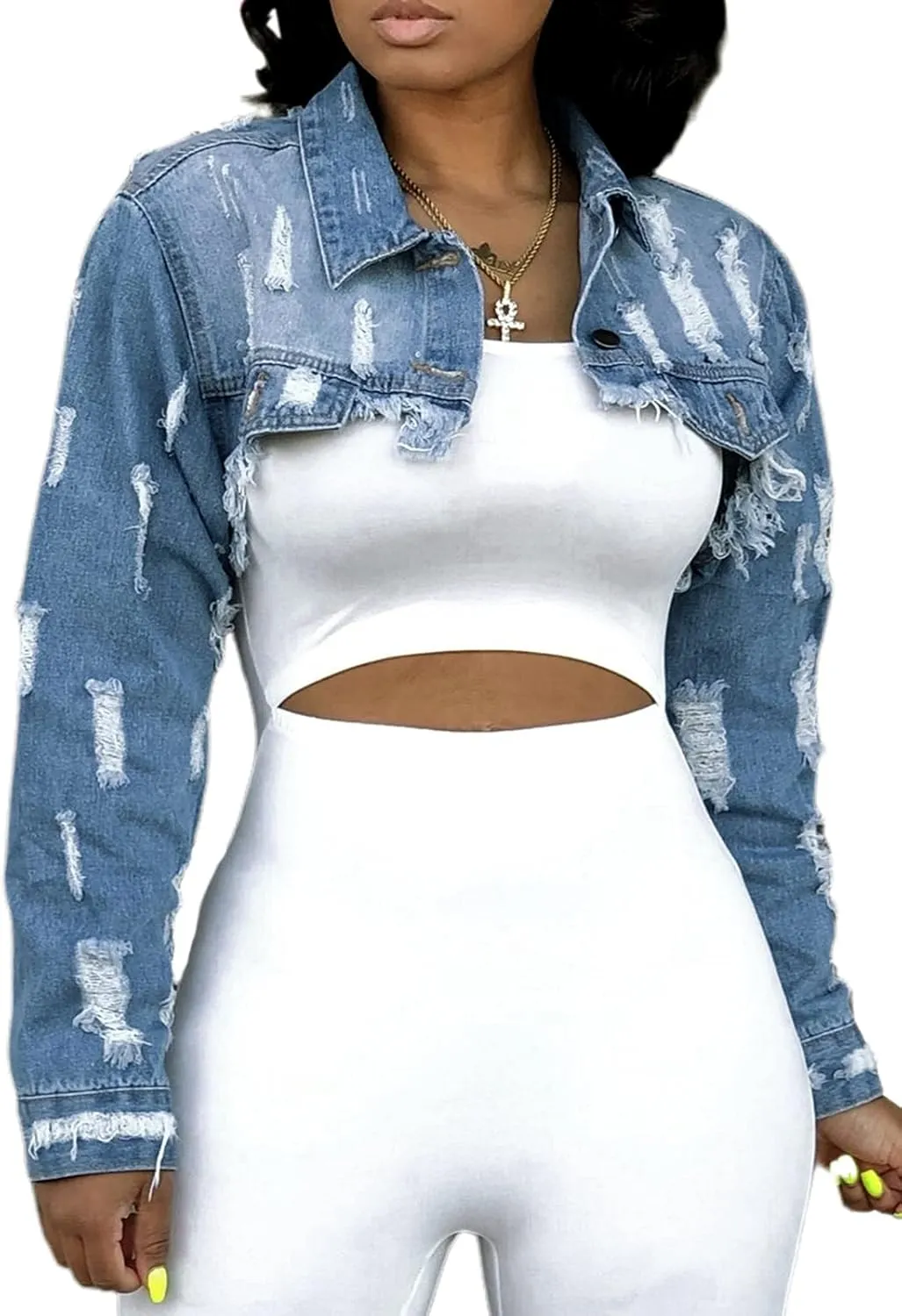 YouSexy Cropped Denim Jackets for Women Long Sleeve Destroyed Wash Jean Jackets