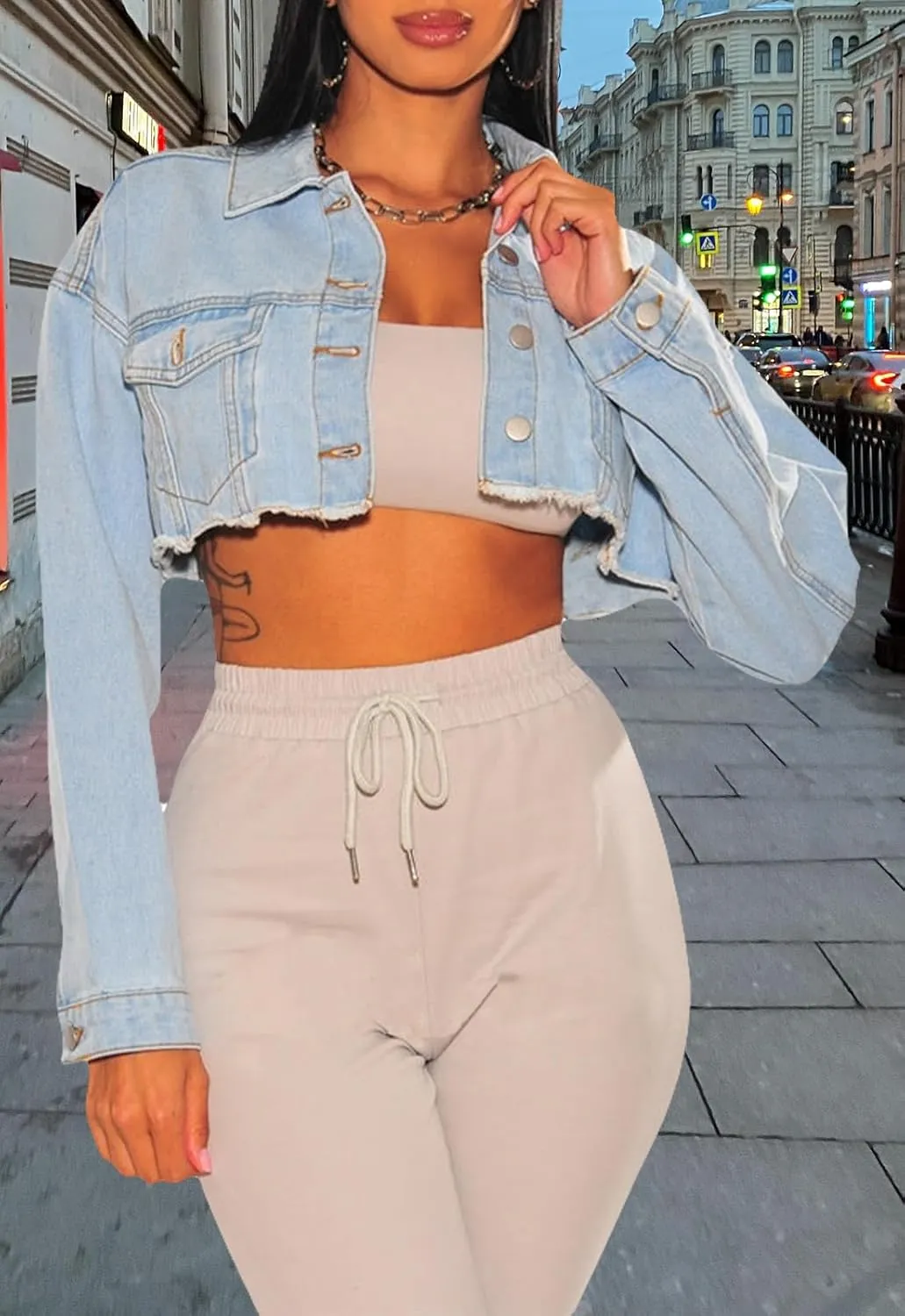 YouSexy Cropped Denim Jackets for Women Long Sleeve Destroyed Wash Jean Jackets