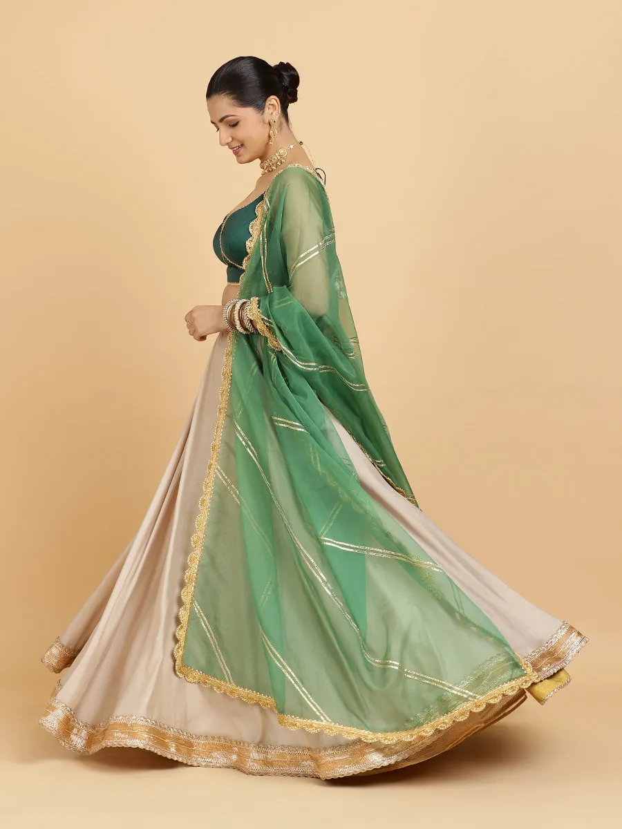 Zainab Ishika 4-Pc Lehenga Set x Tyohaar | Oyster Grey Lehenga, Bottle Green Blouse with Panna Emerald Green Dupatta and Cancan Skirt