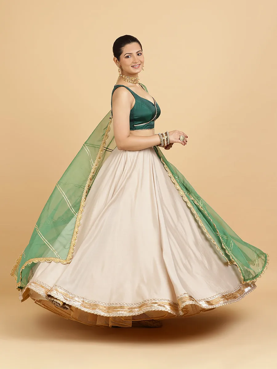 Zainab Ishika 4-Pc Lehenga Set x Tyohaar | Oyster Grey Lehenga, Bottle Green Blouse with Panna Emerald Green Dupatta and Cancan Skirt