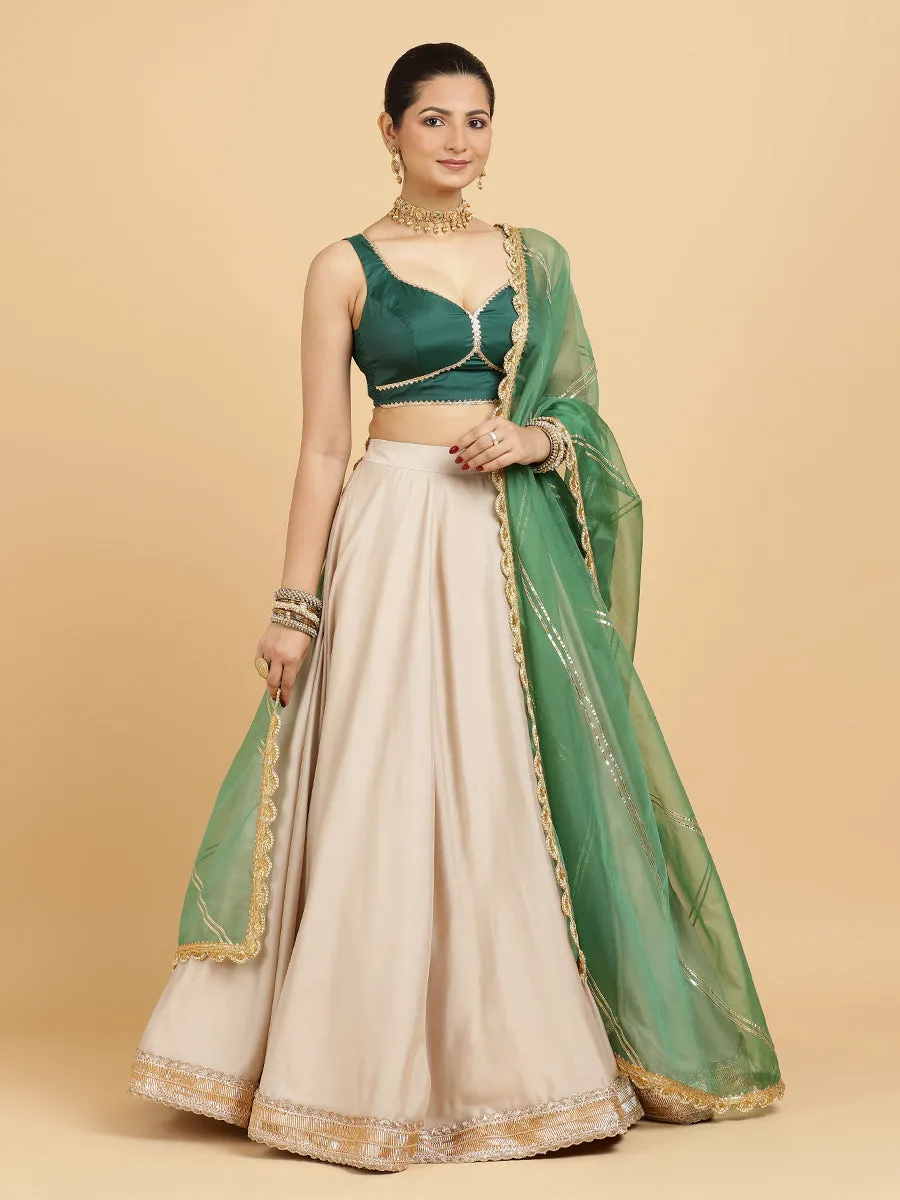 Zainab Ishika 4-Pc Lehenga Set x Tyohaar | Oyster Grey Lehenga, Bottle Green Blouse with Panna Emerald Green Dupatta and Cancan Skirt