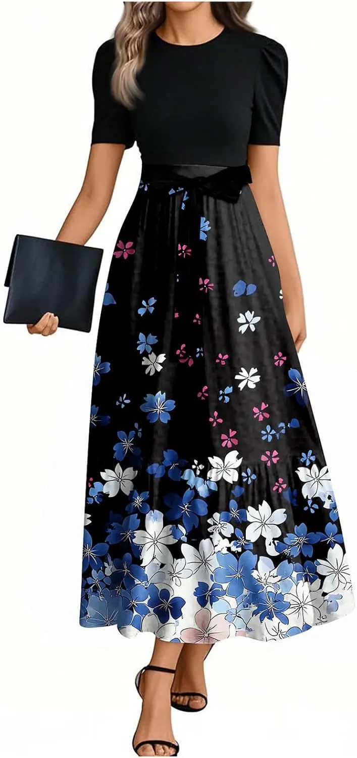 ZEFOTIM Long Dresses for Women 2025 Work Floral/Geometric Dress Short Sleeve Crew Neck Dresses with Belt