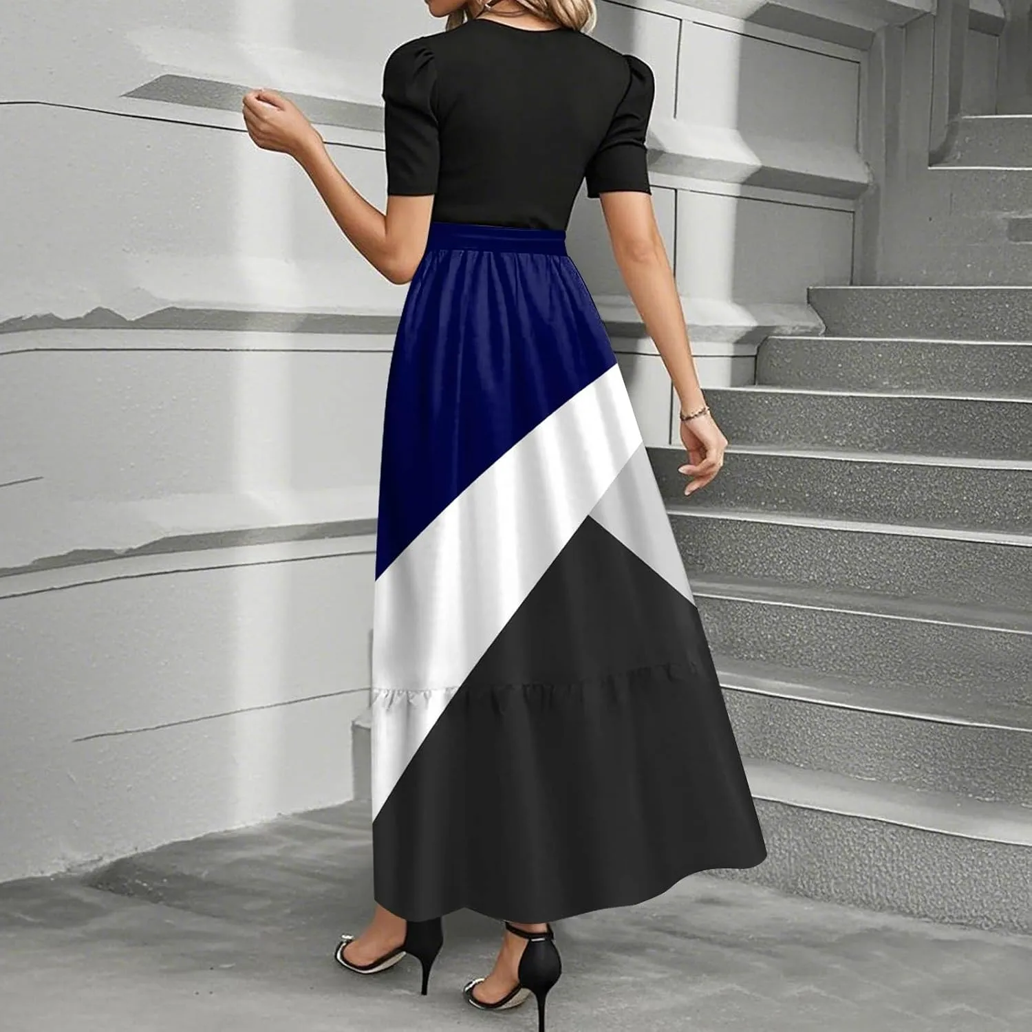 ZEFOTIM Maxi Dress for Women Beach Striped Dress Short Sleeve Crew Neck Dresses with Belt